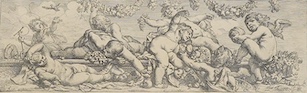 18th century style print, Bacchic scene, 14.5 x 35cm, housed in ornate gilt frame